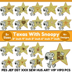 Peut inclure: Une collection de motifs de broderie numérique représentant le personnage de dessin animé Snoopy tenant diverses étoiles jaunes. Chaque étoile affiche des icônes sur le thème du Texas, des logos et le texte "HOME". L'image contient le texte "5+ Sizes", "Texas With Snoopy", "16+ Designs", "3 inch 4 inch 5 inch 6 inch 7 inch" et les formats de fichier "PES JEF DST XXX SEW HUS ART VIP VIP3 PCS".