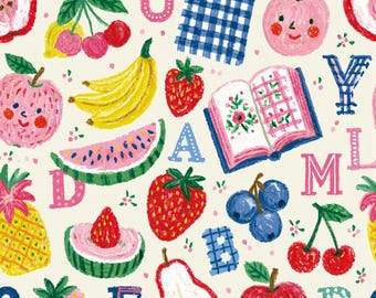 Tela para niñas para la vuelta al cole, tela con estampado de frutas y alfabeto, tela estilo preppy para el aula, tela para decoración escolar, tela 100% algodón, por medio metro.