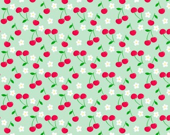 Tela de algodón con estampado floral de cerezas, tela de fondo verde menta, tela Twin Cherry, tela Wildflower, tela 100% algodón por medio metro.