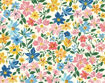 Tela de flores silvestres rosa, amarillo, azul marino, tela de margaritas, tela para coser en Pascua, tela para envolver regalos de fiesta de cumpleaños, tela 100% algodón por medio metro.