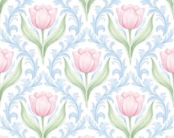 Tela Tulip Trellis, Tela Bloom, Tela Baroque Scroll, Tela Cottage Core, Tela para cortinas de guardería, Tela 100% algodón por medio metro