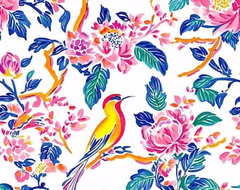 Tela de estilo chinoiserie con estampado de pájaros cantores, tela de peonías orientales, tela de ramas naranjas, tela de hojas azul verdosas, tela 100% algodón por medio metro.