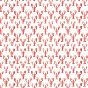 May include: A repeating pattern of small, coral-colored lobster illustrations arranged in a grid on a solid white background. Each lobster is depicted in a simple, stylized form with two large claws, a segmented body, and a long, thin tail.