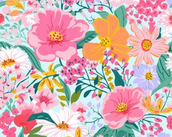 Tela de peonías rosas y naranjas, tela de margaritas, tela de flores silvestres, tela de enredaderas florales, tela de pequeñas flores, tela 100% algodón por medio metro.