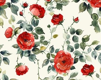 Red Rose Fabric Leaf Floral Fabric Cottage Core Fabric Dress Sewing Fabric Farmhouse Tablecloth Fabric  100% Cotton Fabric By The Half Yard