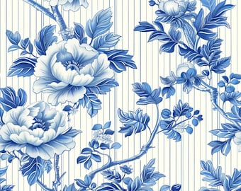 Chinoiserie Floral Fabric Vertical Pinstripe Fabric Chinese Blue White Peony Fabric Bloom Thin Fabric 100% Cotton Fabric By The Half Yard