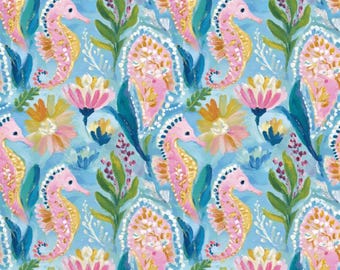 Tela con estampado de caballitos de mar, tela floral oceánica, tela náutica, tela playera, tela costera, tela 100% algodón, por medio metro.