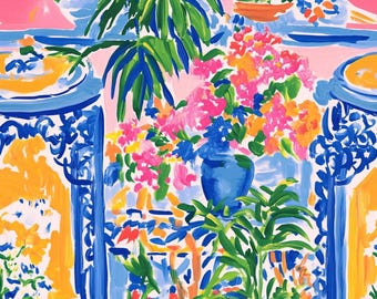 Tela de hojas de palma, tela de jarrones de jengibre, tela floral tropical, tela estilo chinoiserie, tela de jarrones orientales, tela 100% algodón por medio metro.