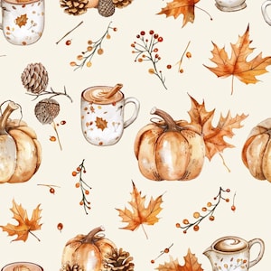 May include: A repeating pattern featuring watercolor illustrations of orange pumpkins, brown pinecones, autumn maple leaves, sprigs of red berries, and white mugs filled with warm beverages, all set against a light cream-colored background.