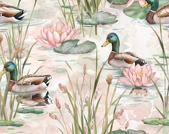 Tela de patos ánade real en acuarela, tela de nenúfares rosas, tela de estanque color rubor, tela de junco, tela estilo cottage core, tela 100% algodón por medio metro.
