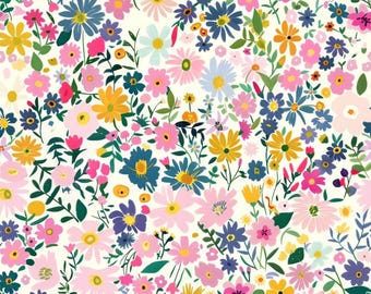 Tela de margaritas pequeñas, tela floral diminuta, tela de margaritas mixtas, tela para envolver regalos de primavera, tela 100% algodón por medio metro.