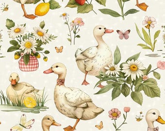 Tela de pato blanco, tela de lazo rosa, tela de margaritas, tela de fresas, tela de limones, tela de granja rústica, tela 100% algodón por medio metro.