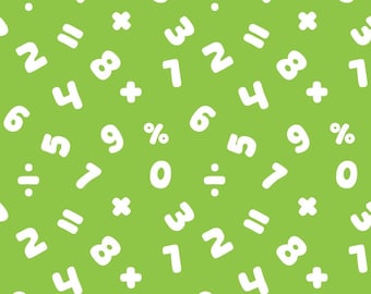 Tela con símbolos de números para matemáticas, tela con signos aritméticos, tela para la vuelta al cole, tela para la educación infantil, tela 100% algodón por medio metro.