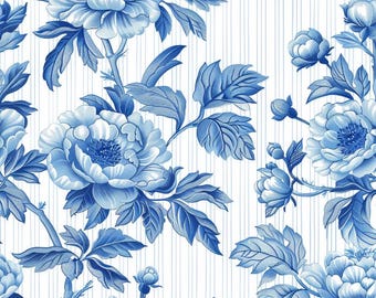 Chinoiserie Floral Fabric Vertical Pinstripe Fabric Leafy Branch Fabric Peony Fabric 100% Cotton Fabric By The Half Yard