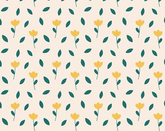 Tela mostaza con estampado floral pequeño, tela verde oscuro con estampado de hojas, tela con estampado de flores pequeñas, tela de fondo color crema, tela 100% algodón por medio metro.