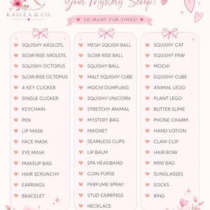 Op de afbeelding: Een lichtroze informatiebord met de titel WHAT'S INSIDE Your Mystery Scoop! van Kailea & Co. Het document bevat drie kolommen met diverse items, waaronder squishy speelgoed, schrijfwaren, schoonheidsproducten en accessoires met hartjesiconen.