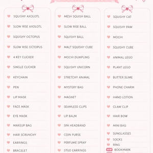 Puede incluir: Una tabla informativa de color rosa claro titulada WHAT'S INSIDE Your Mystery Scoop! de Kailea & Co. La tabla enumera varios art&iacute;culos como axolotes squishy, clickers, mascarillas labiales y lazos para el cabello en tres columnas, con una secci&oacute;n.