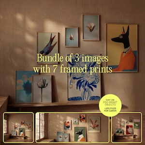 Può includere: Una collezione di sette stampe d'arte da parete incorniciate con varie illustrazioni tra cui un uccello, un cane in giacca e cravatta e disegni floreali. Il testo recita Bundle of 3 images with 7 framed prints e Easy use PSD smart objects +JPG files for Canva.