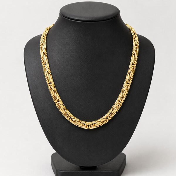 Colar com corrente bizantina de 4 mm em ouro amarelo 14K, joia marcante em ouro maciço.
