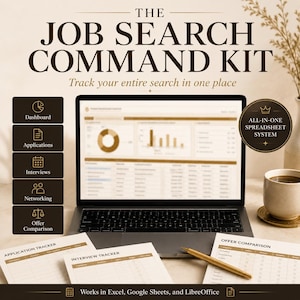 May include: A digital job search command kit displayed on a laptop screen with a dashboard, application, interview, networking, and offer comparison tracker. Includes printed tracking sheets, a gold pen, and a coffee mug on a desk surface.
