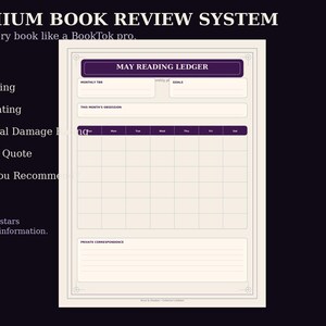 K&ouml;nnte beinhalten: Eine druckbare Lese-Logbuch-Seite mit dem Titel MAY READING LEDGER mit Abschnitten f&uuml;r monatliche Lesepl&auml;ne, Ziele und ein Kalenderraster. Der Text enth&auml;lt PREMIUM BOOK REVIEW SYSTEM, Star Rating, Spice Rating, Emotional Damage Rating, Favorite Quote und Would You Recommend.