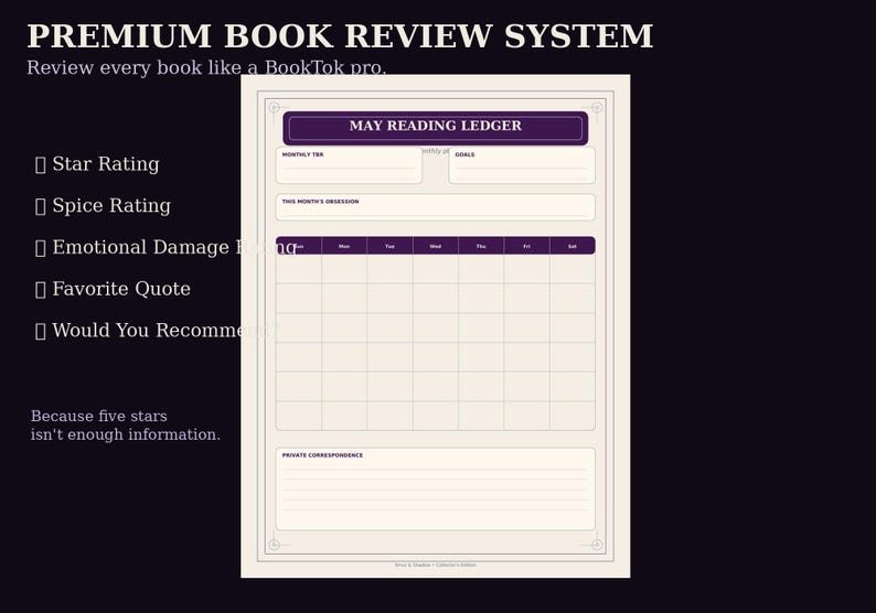 K&ouml;nnte beinhalten: Eine druckbare Lese-Logbuch-Seite mit dem Titel MAY READING LEDGER mit Abschnitten f&uuml;r monatliche Lesepl&auml;ne, Ziele und ein Kalenderraster. Der Text enth&auml;lt PREMIUM BOOK REVIEW SYSTEM, Star Rating, Spice Rating, Emotional Damage Rating, Favorite Quote und Would You Recommend.