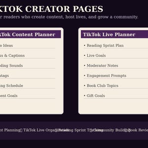 K&ouml;nnte beinhalten: Eine digitale Planervorlage mit dem Titel BOOKTOK CREATOR PAGES mit zwei Abschnitten: BookTok Content Planner und TikTok Live Planner. Die Listen enthalten Punkte wie Video Ideas, Hooks & Captions, Reading Sprint Plan und Moderator Notes auf einem cremefarbenen Hintergrund.