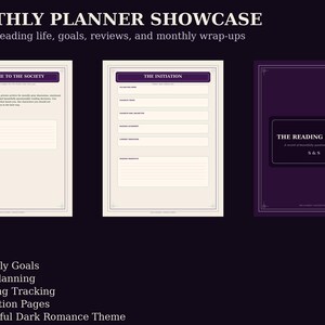 K&ouml;nnte beinhalten: Ein monatlicher Planer-Showcase mit drei Seiten: Welcome to the Society, The Initiation und ein dunkelviolettes Cover mit dem Titel The Reading Ledger. Der Text umfasst Monthly Goals, TBR Planning, Reading Tracking, Reflection Pages und Dark Romance Theme.