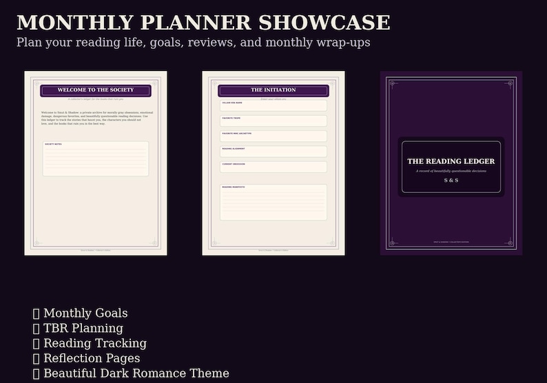 K&ouml;nnte beinhalten: Ein monatlicher Planer-Showcase mit drei Seiten: Welcome to the Society, The Initiation und ein dunkelviolettes Cover mit dem Titel The Reading Ledger. Der Text umfasst Monthly Goals, TBR Planning, Reading Tracking, Reflection Pages und Dark Romance Theme.
