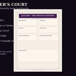 K&ouml;nnte beinhalten: Eine cremefarbene Lese-Tracker-Seite mit dem Titel READER'S COURT und dem Text JANUARY &bull; THE MONTH IN REVIEW. Sie enth&auml;lt Abschnitte f&uuml;r gelesene B&uuml;cher, Lieblingslekt&uuml;re, bestes Zitat, Lieblingstropus, Auszeichnung f&uuml;r emotionalen Schaden und Reflexion.