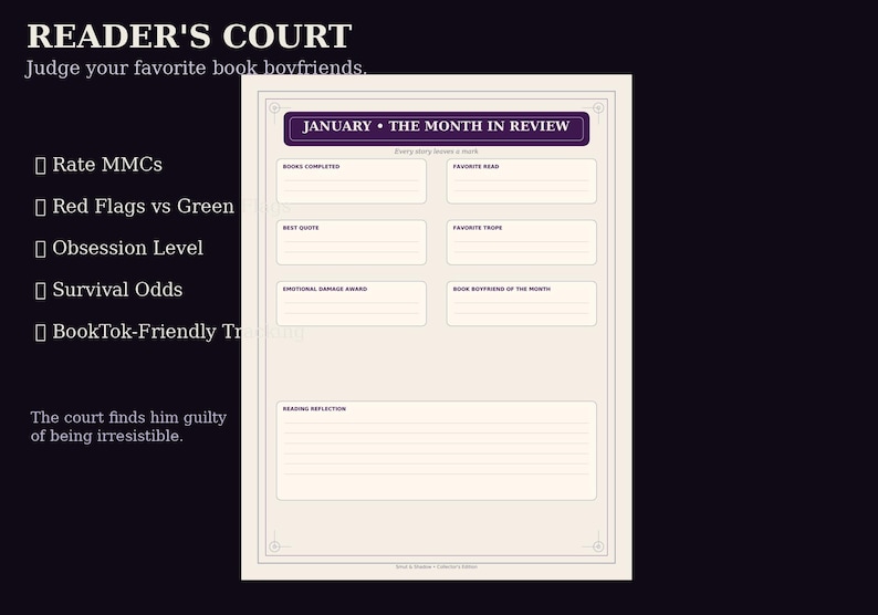 K&ouml;nnte beinhalten: Eine cremefarbene Lese-Tracker-Seite mit dem Titel READER'S COURT und dem Text JANUARY &bull; THE MONTH IN REVIEW. Sie enth&auml;lt Abschnitte f&uuml;r gelesene B&uuml;cher, Lieblingslekt&uuml;re, bestes Zitat, Lieblingstropus, Auszeichnung f&uuml;r emotionalen Schaden und Reflexion.
