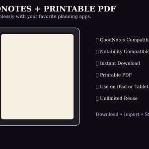 K&ouml;nnte beinhalten: Eine digitale Planergrafik auf dunklem Hintergrund mit einer Tablet-Kontur und einem leeren cremefarbenen Bildschirm. Der Text lautet: GOODNOTES + PRINTABLE PDF, Works seamlessly with your favorite planning apps, GoodNotes Compatible, Notability Compatible, Instant Download, Printable PDF, Use on iPad or Tablet, Unlimited Reuse, Download &bull; Import &bull; Start Reading.