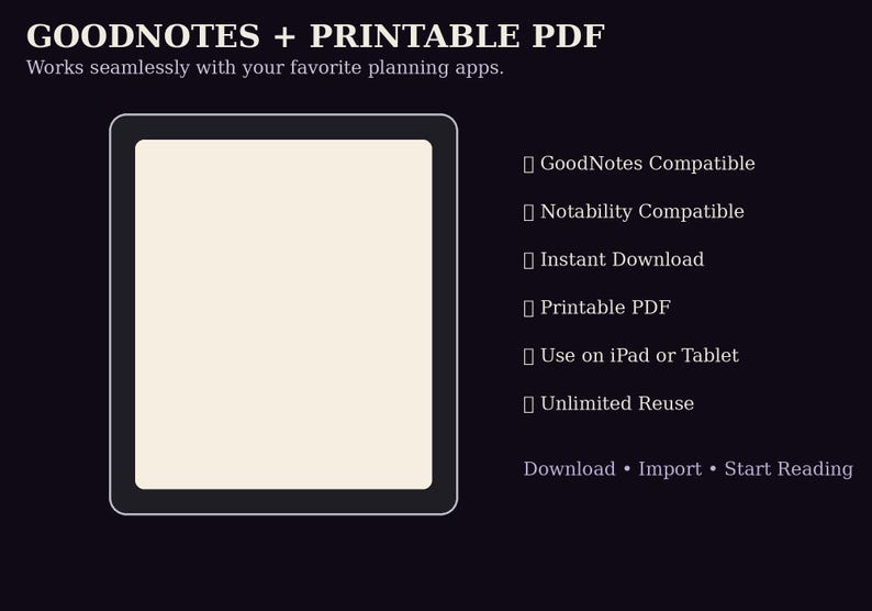 K&ouml;nnte beinhalten: Eine digitale Planergrafik auf dunklem Hintergrund mit einer Tablet-Kontur und einem leeren cremefarbenen Bildschirm. Der Text lautet: GOODNOTES + PRINTABLE PDF, Works seamlessly with your favorite planning apps, GoodNotes Compatible, Notability Compatible, Instant Download, Printable PDF, Use on iPad or Tablet, Unlimited Reuse, Download &bull; Import &bull; Start Reading.