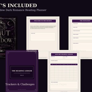 K&ouml;nnte beinhalten: Ein Smut & Shadow Dark Romance Leseplaner-Set mit einem schwarzen Einband mit verziertem wei&szlig;em Text und Kronenemblem sowie cremefarbenen Innenseiten mit violetten &Uuml;berschriften wie Welcome to the Society, The Initiation und January Reading Ledger.