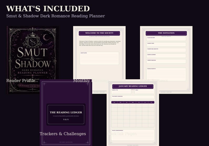 K&ouml;nnte beinhalten: Ein Smut & Shadow Dark Romance Leseplaner-Set mit einem schwarzen Einband mit verziertem wei&szlig;em Text und Kronenemblem sowie cremefarbenen Innenseiten mit violetten &Uuml;berschriften wie Welcome to the Society, The Initiation und January Reading Ledger.