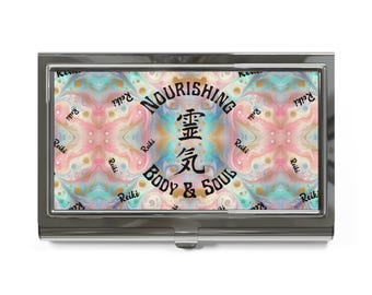 Nourishing Body & Soul Reiki Symbol Business Card Holder | Pastel Kaleidoscope