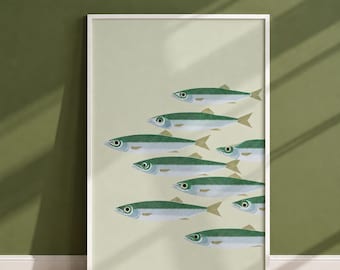 Vintage kunst aan de muur sardine, salie groene vis print, keuken decor kust keuken, school voor vissen poster, nautische strand kunst, retro zeevruchten print