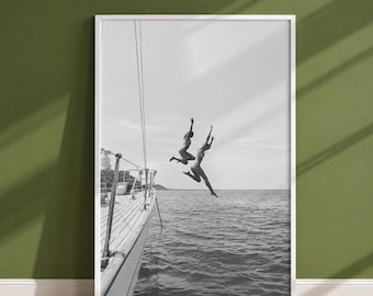 Stampa fotografica estiva vintage, poster di un salto in barca a vela, arte costiera in bianco e nero, stampa del mare della Riviera, arredamento da viaggio retrò, arte per casa al mare