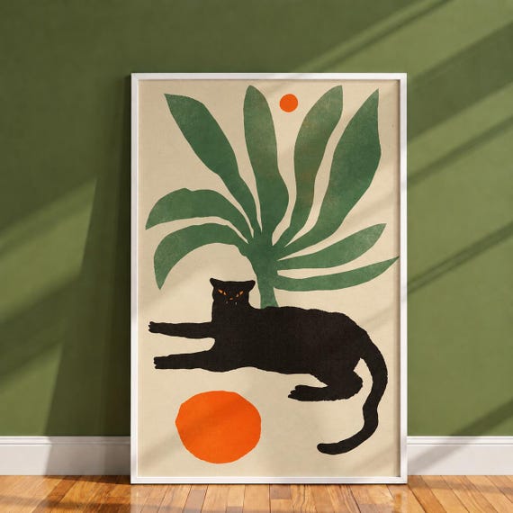 Black Cat Wall Art, Matisse Style Print, Abstract Botanical Poster, Mid Century Decor, Boho Plant Art, Cat Lover Gift, Living Room Print
