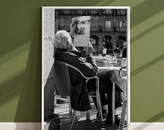 Man Reading Newspaper Poster, Black and White Street Photography Print, Vintage Cafe Wall Art, Old Town Plaza Scene, Retro Photo Wall Decor