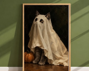 Op de afbeelding: Een ingelijste olieverfschilderijprint met een grijze cyperse kat die een wit laken draagt als spookkostuum. De kat heeft grote, zichtbare ogen die door gaten in de stof kijken. Een oranje pompoen staat op de houten vloer naast de kat.