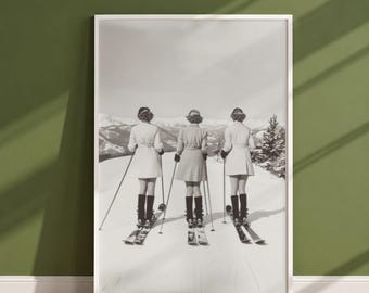 Vintage Ski Poster, Black and White Skiing Photography Print, Retro Ski Fashion Wall Art, Winter Mountain Print, Ski Chalet Decor Gift