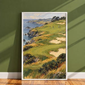 May include: A vertical landscape painting depicting a coastal golf course with rolling green fairways, sand bunkers, and rugged cliffs overlooking the blue ocean. Several small figures of golfers are visible on the course under a cloudy sky.