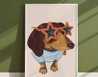 Funny Dachshund Poster, Star Sunglasses Dog Illustration Print, Striped Sweater Dog Wall Art, Cute Sausage Dog Lover Gift Idea