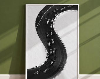 Stampa artistica di Formula 1, poster di pista da corsa aerea, arte di corse in bianco e nero, stampa di auto di F1, decorazione per sport motoristici, arte da parete per la stanza degli hobby, stampa del Gran Premio