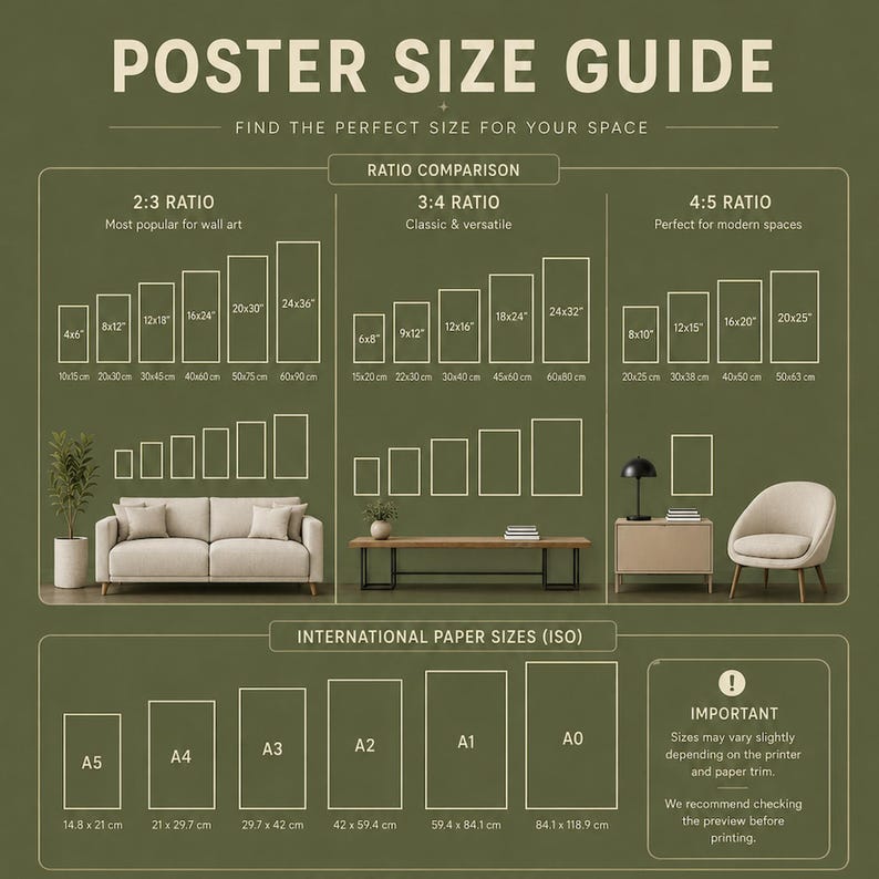 Pu&ograve; includere: Una guida alle dimensioni dei poster su sfondo verde oliva scuro con testo bianco. Mostra confronti di rapporti 2:3, 3:4 e 4:5, elencando le dimensioni in pollici e centimetri. Include anche una sezione per i formati carta internazionali da A5 ad A0.