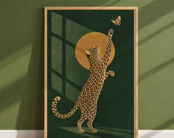 Leopard Wall Art Print, Playful Jaguar Chasing Butterfly Poster, Green Gold Animal Print, Illustrated Big Cat Home Decor