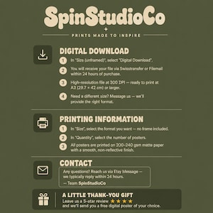 Pu&ograve; includere: Un grafico informativo verde oliva per SpinStudioCo con testo bianco. Descrive i passaggi per il download digitale, informazioni di stampa su carta opaca da 200-240 g/m&sup2;, contatti via Etsy e un omaggio per recensioni a 5 stelle.