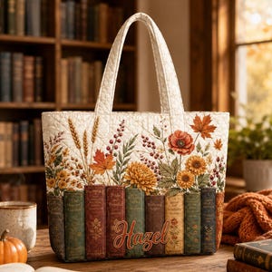 May include: A quilted tote bag featuring a printed design of a row of vintage book spines at the base, with the name Hazel in script lettering, topped with a colorful autumn floral arrangement of sunflowers, poppies, and wheat stalks.