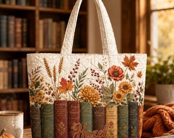 Personalized Book Lover Tote Bag, Custom Name Quilted Tote, Bookish Floral Bag, Vintage Library Tote, Gift for Reader, Fall Autumn Tote
